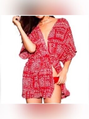 NWT Victoria's Secret Red Kimono Swim Cover Up Adjustable Cinch Waist One Size 1